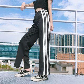 High-waist Contrast Trim Slit-hem Straight-cut Pants