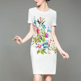 Short-sleeve Floral-print Sheath Dress