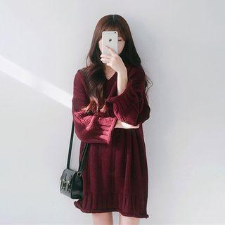 Plain V-neck Cable-knit Mini Sweater Dress