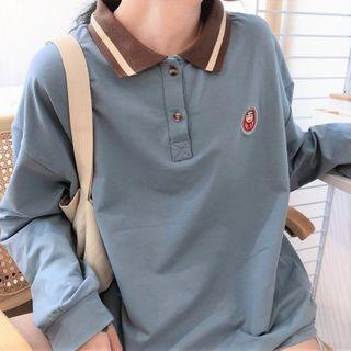 Two-tone Loose-fit Long-sleeve Printed Polo Shirt
