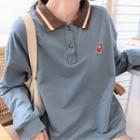 Two-tone Loose-fit Long-sleeve Printed Polo Shirt