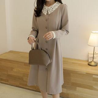 Lace-collar Pintuck-waist Midi Shirtdress