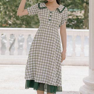 Shirred-sleeve Plaid Mesh Panel Midi A-line Dress