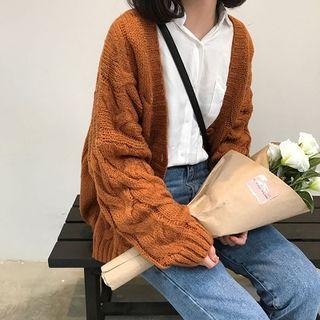 Plain Cable-knit Loose-fit Cardigan
