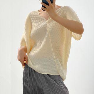 Elbow-sleeve V-neck Top Light Yellow - One Size