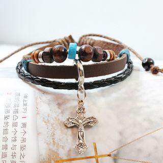 Genuine Leather Bead Layered Bracelet Coffee - One Size