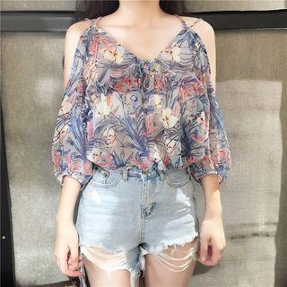 Floral Print Cut Out Shoulder Elbow Sleeve Chiffon Top