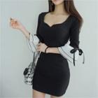 Sweetheart-neckline Beribboned 3/4-sleeve Bodycon Dress