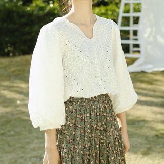 V-neck 3/4-sleeve Eyelet Blouse