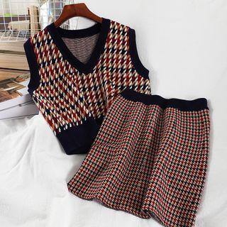 Set: Houndstooth Knit Vest + Mini Fitted Skirt Vest - Houndstooth - Red & Black - One Size / Skirt - Red & Black - One Size