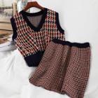 Set: Houndstooth Knit Vest + Mini Fitted Skirt Vest - Houndstooth - Red & Black - One Size / Skirt - Red & Black - One Size