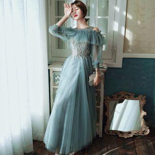Cold-shoulder 3/4-sleeve A-line Mesh Evening Gown