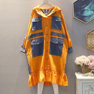 Denim Panel Hood Trench Jacket
