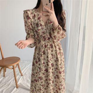 Long-sleeve Ruffle Trim Floral Chiffon Dress Milky White - One Size