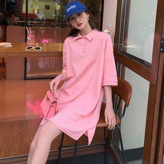 Polo Elbow-sleeve Plain Slit Dress