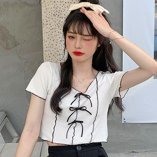 Short-sleeve Lettuce Edge Ribbon Cropped T-shirt