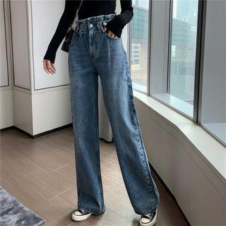 High-waist Wide-leg Jeans / Asymmetric Cutout Long-sleeve Knit Top / Set