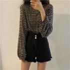Long-sleeve Striped T-shirt Stripe - Light Gray & Black - One Size
