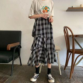 Plaid Irregular Skirt Black - One Size