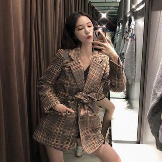 Single-breasted Plaid Blazer With Sash Brown - One Size