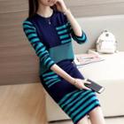 Set: Long-sleeve Color Block Knit Top + Fitted Skirt