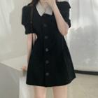 Puff Sleeve Contrast Trim Button-up Mini Shirtdress