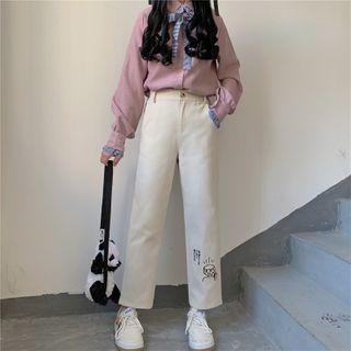 Embroidered High-waist Straight-cut Pants