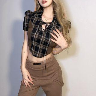 Short-sleeve Drawstring Check Print Cropped Top