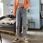 Distressed Heart Embroidered Straight-cut Jeans
