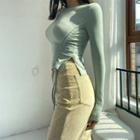 Round Neck Plain Lace-up Pleated Top