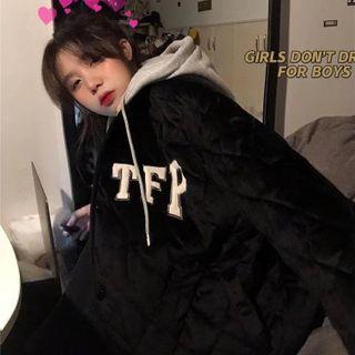 Lettering Quilted Hooded Jacket Black - One Size