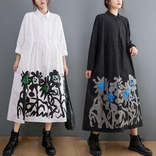 Long-sleeve Print Midi Shift Shirt Dress