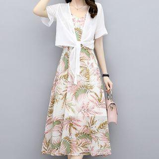 Set: Spaghetti Strap Floral Print Midi A-line Dress + Short-sleeve Tie-front Cardigan