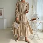 Bishop-sleeve Tiered Long Dress Beige - One Size