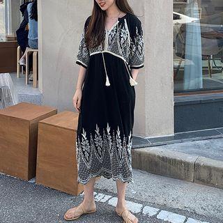 Elbow-sleeve Midi Embroidered Dress Black - One Size