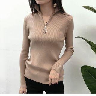 Long-sleeve Zip-front Plain Knit Top