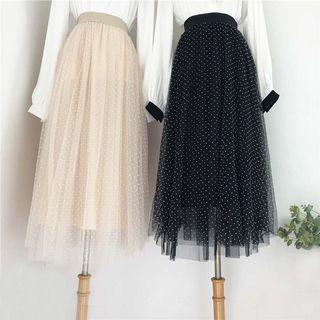 Polka Dot Mesh Overlay A-line Midi Skirt