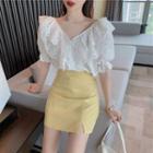 Elbow-sleeve Lace Trim V-neck Blouse / Fitted Mini Skirt