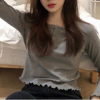 Ruffle Trim Plain Long-sleeve T-shirt