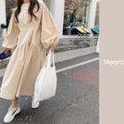 Balloon-sleeve Shirred Long Dress