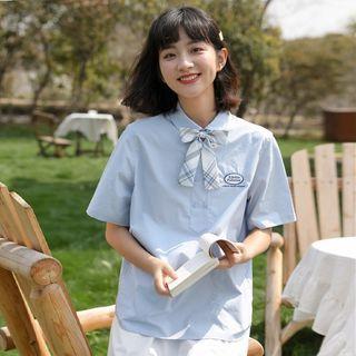 Elbow-sleeve Lettering Bow Shirt