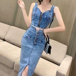 Set: Denim Zip Detail Camisole Top + Midi Pencil Skirt