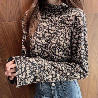 Long-sleeve Floral Print Turtle Neck T-shirt