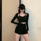 Long-sleeve Mock Two-piece Crop Top / Shorts