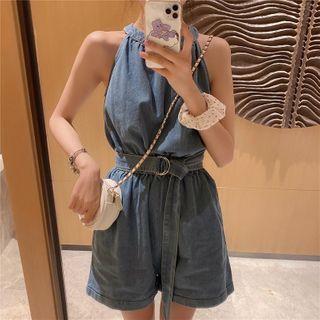 Denim Halter Sleeveless Playsuit Blue - One Size