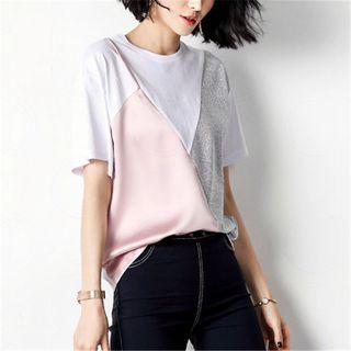 Short-sleeve Glitter Satin Paneled T-shirt