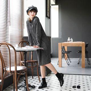 Drop-sleeve Stripe Drawstring Hooded Dress