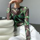 Long-sleeve Round Neck Print Mesh Top