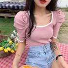 Puff Sleeve Contrast Trim Square Neck Knit Top