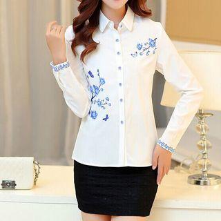 Long-sleeve Flower Print Chiffon Shirt